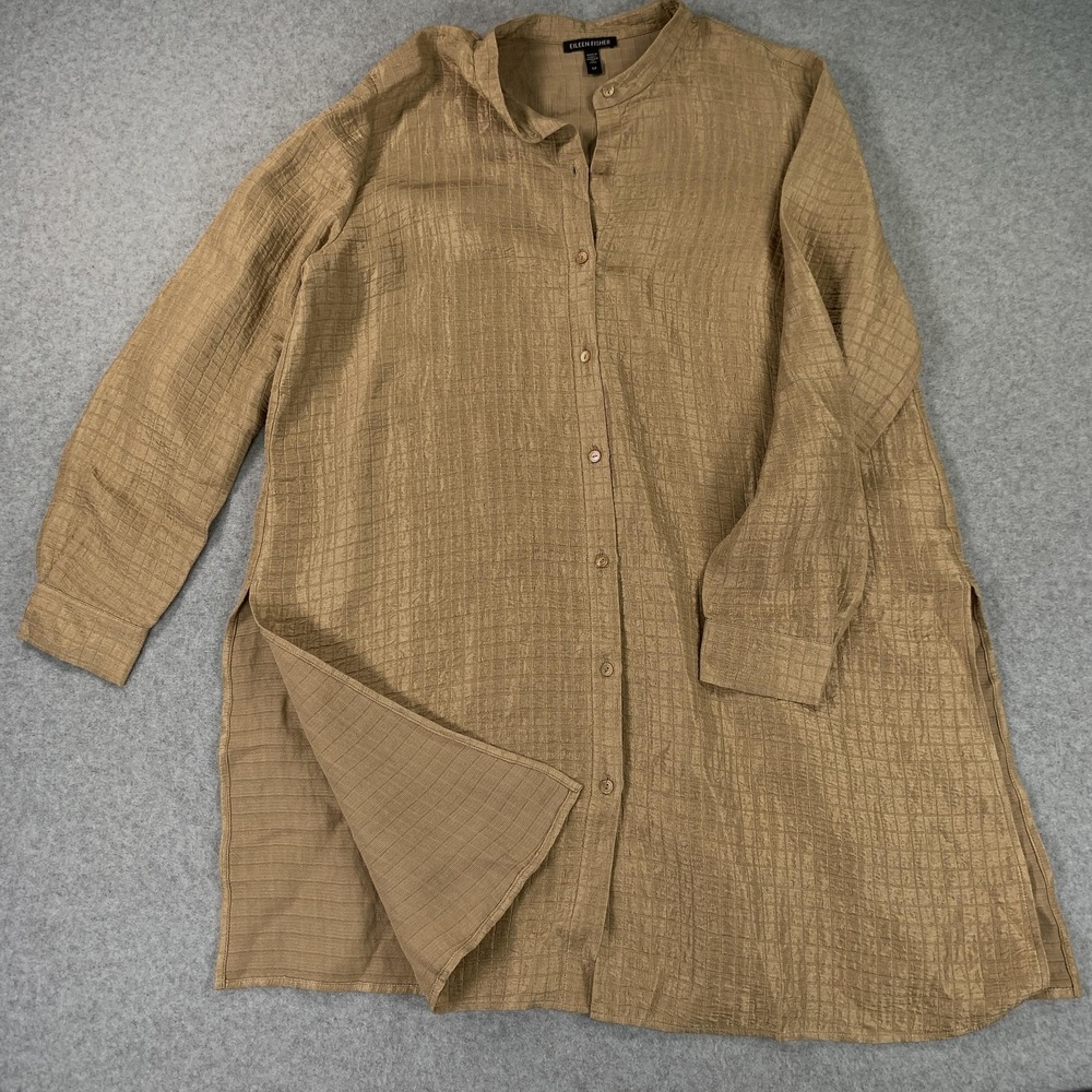 Eileen Fisher Tunic Shirt Womens S Petite Brown Cupro Button Front Long Sleeve